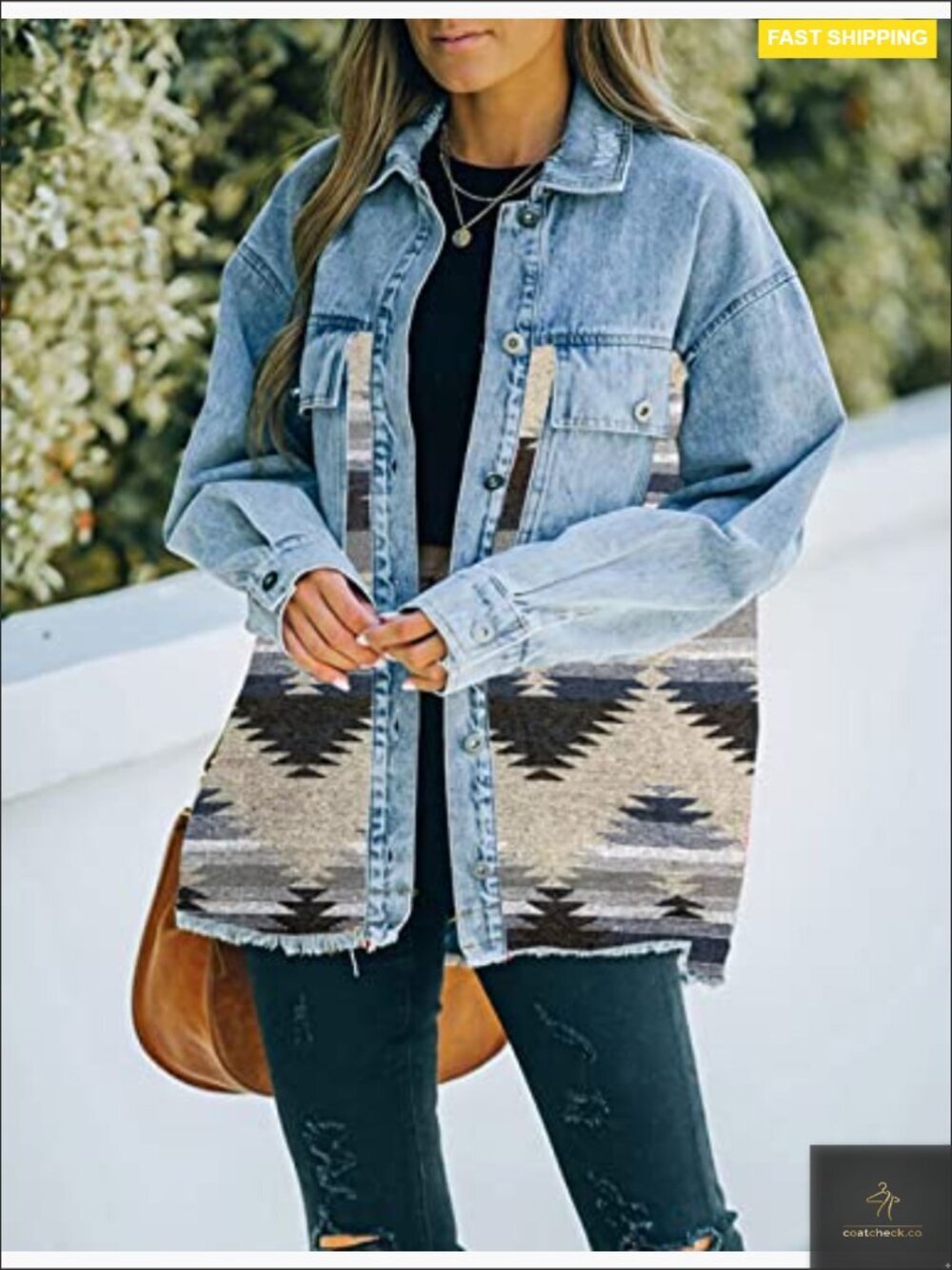 Vintage Distressed Aztec Denim Jacket Button Down Shacket Oversized Long Sleeve - Picture 4 of 7